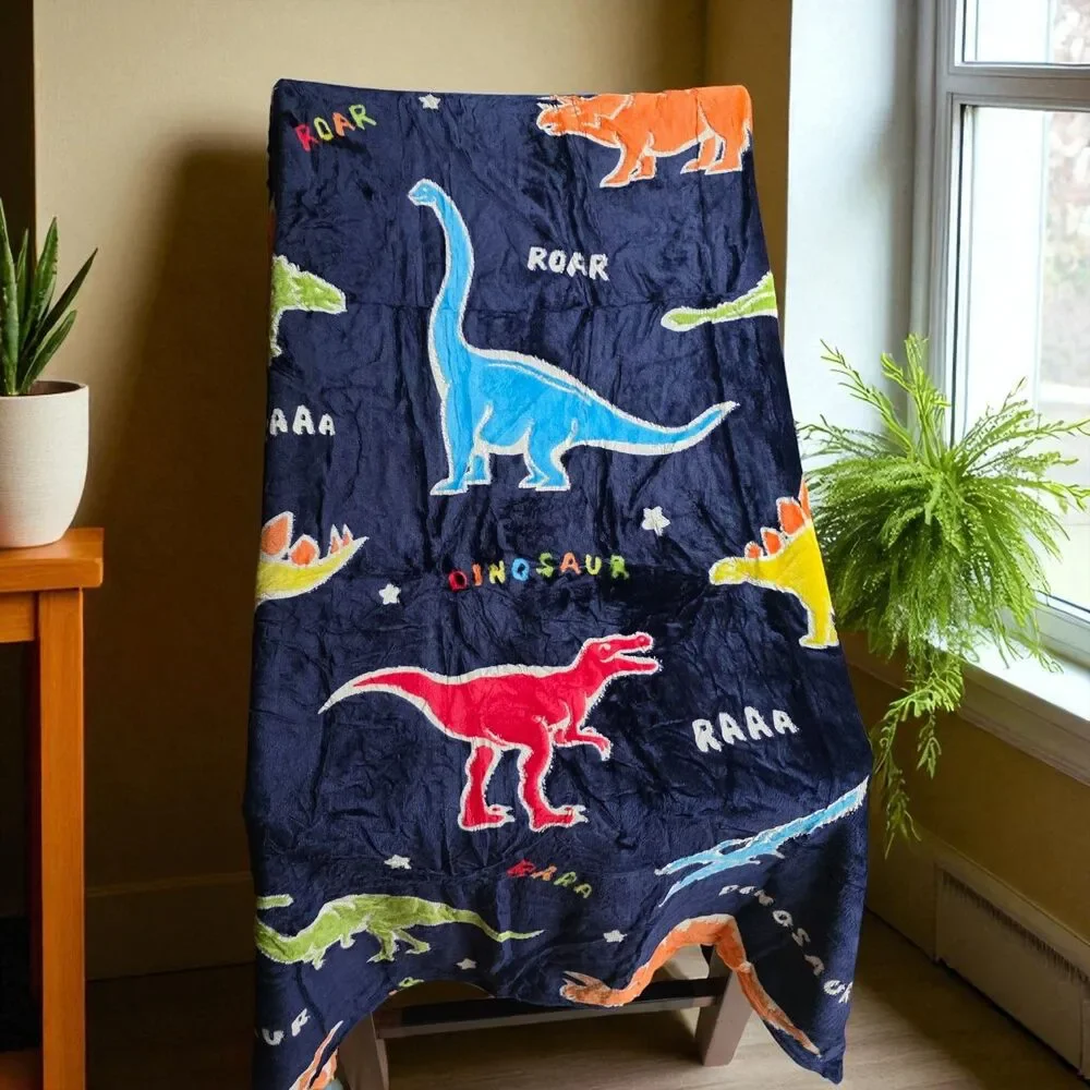 Glow in the Dark Dinosaur Throw Blanket – Blue, for Kids, Soft & Cozy, NEW - Picture 2 of 11